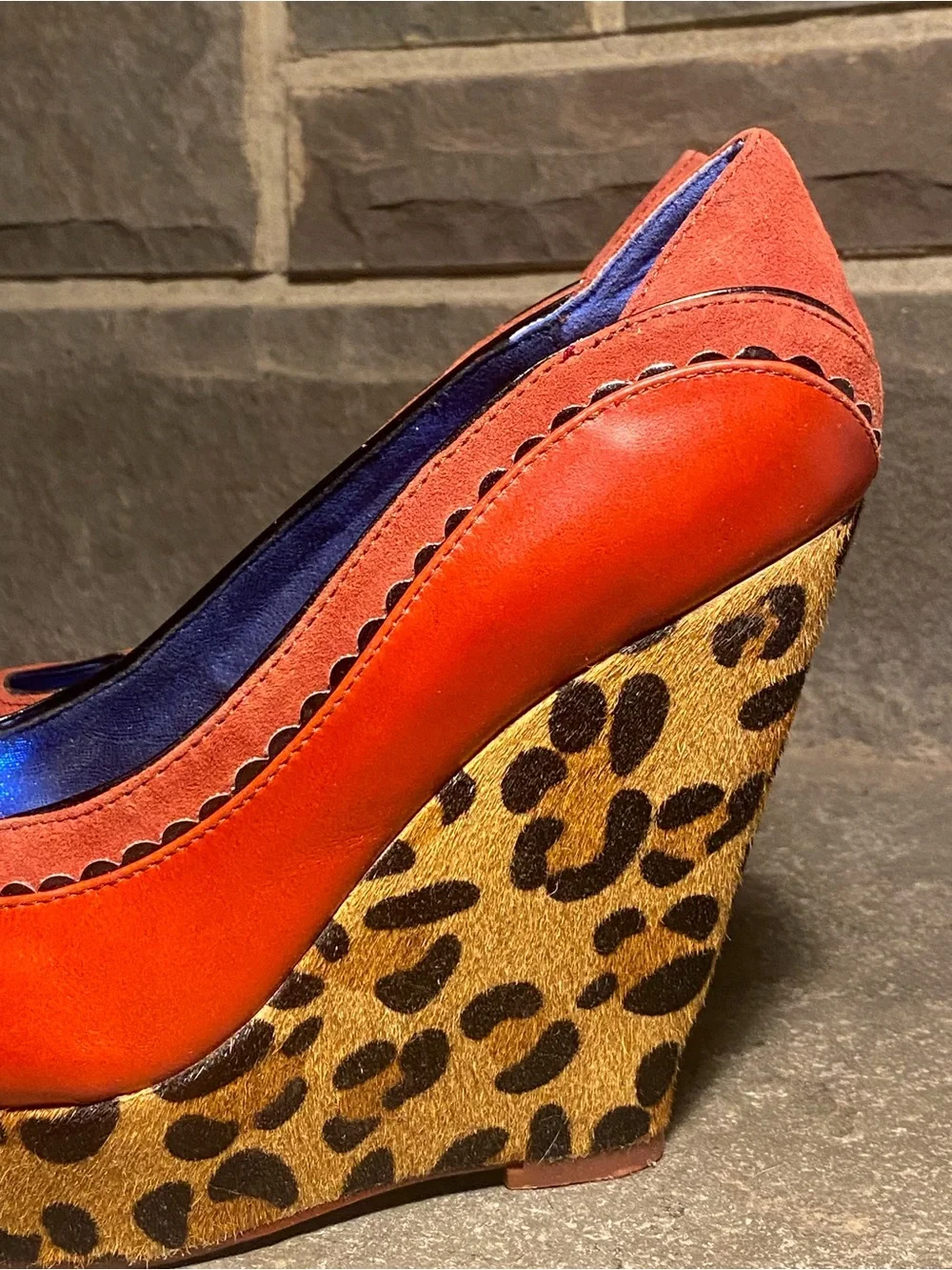 Irregular Choice Body Love platform wedges,red leather,leopard faux fur,in box,7